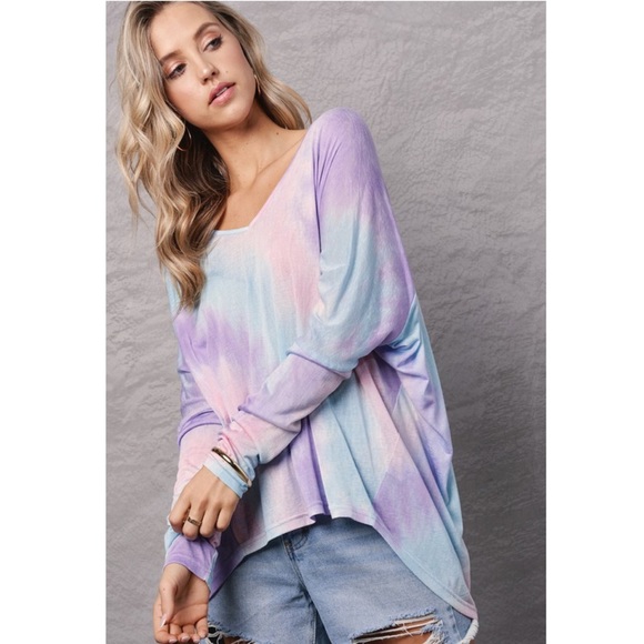 Lightweight Slub Knit Spring Top Tie Dye Dolman Top Pastel Tops - Picture 7 of 9